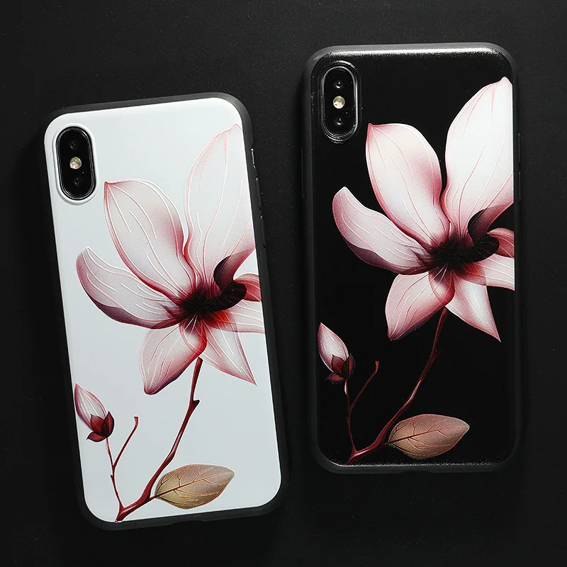 

SoCouple Soft TPU case for iphone 7 case Relief Flower Lotus Silicone painted case for iphone 6 6s 7 8 plus X Xs max XR