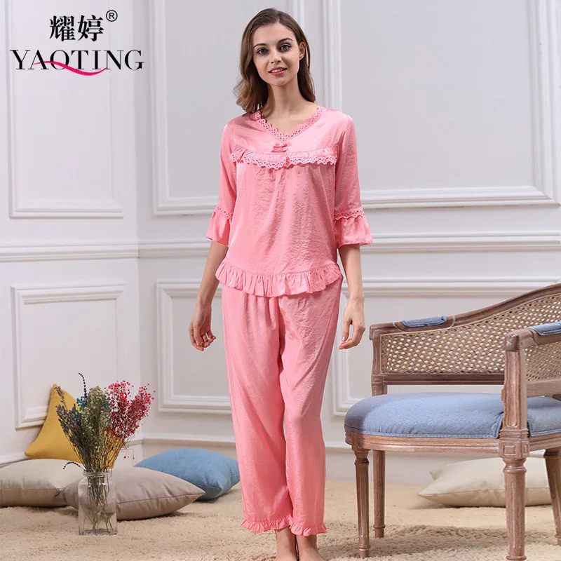 Spring Summer Cotton Pajamas 2 Pieces Women V Collar Lace Comfortable