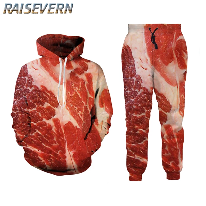 RAISEVERN комплект из 2 частей Для мужчин и Для женщин Мода Повседневное костюмы 3D принт мяса говядины толстовки с капюшоном + штаны Толстовка