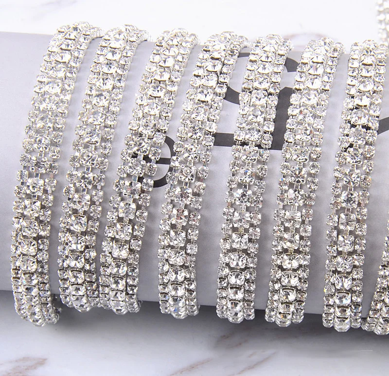 

3 Row 10MM Colorful Rhinestones Cup Chain Belt Trims with Crystals by 1 Yard for DIY Dress Clothing Jewelry Tiara Bags