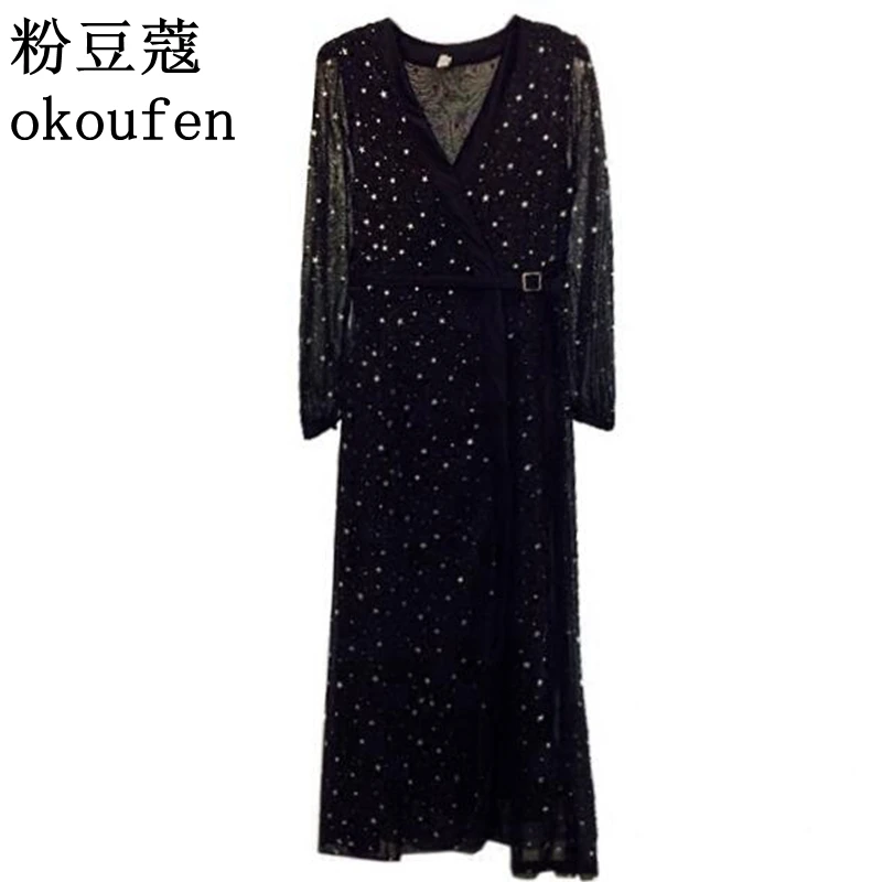 

2018 Spring New Europe and America Fashion Star Long Slim Thin V Neck Dress Woman