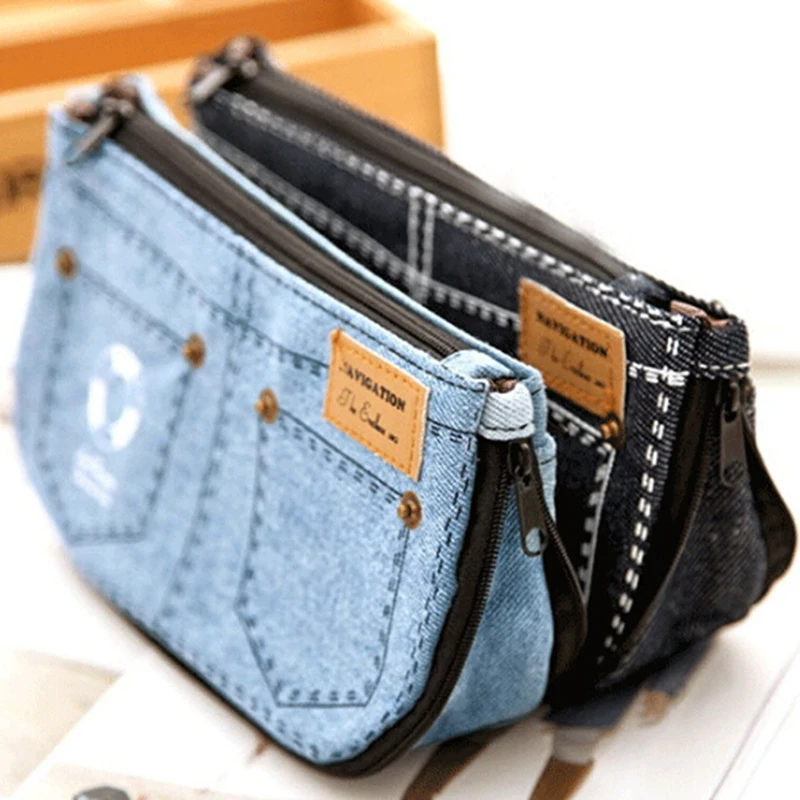 

Jean Blue Women's Makeup Bag Denim Canvas Purse Phone Bag For Travel Ladies Pouch Women Cosmetic Bag