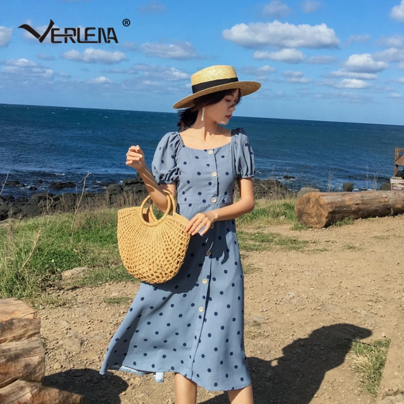 Verlena Винтаж крупный горох печати голубое летнее платье для женщин 2019 пуговицы с