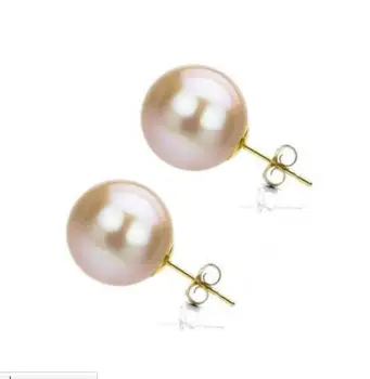 

Free shipping 10-11mm round south seas pink pearl earring 14 yellow gold