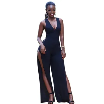 

Sexy High Split Black Wide Leg Jumpsuit Pants Women Sleeveless Deep V Neck Hollow Out Party Evening Clubwear Romper Playsuit