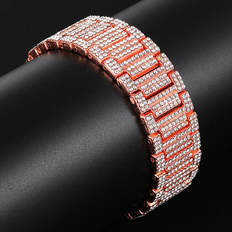Хип хоп Полный Стразы Iced Out Bling Gold Watch Band Link Chain Браслеты для мужчин рэппер