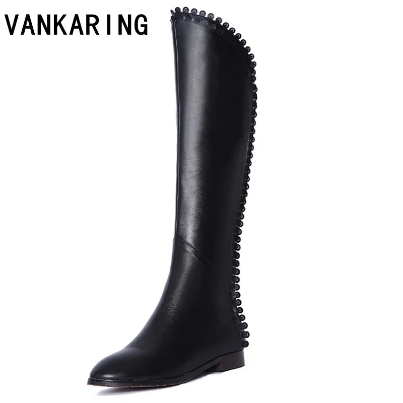 

VANKARING PU leather knee high boots for women brand shoes new fashion cut-outs autumn winter boots black shoes woman snow botas