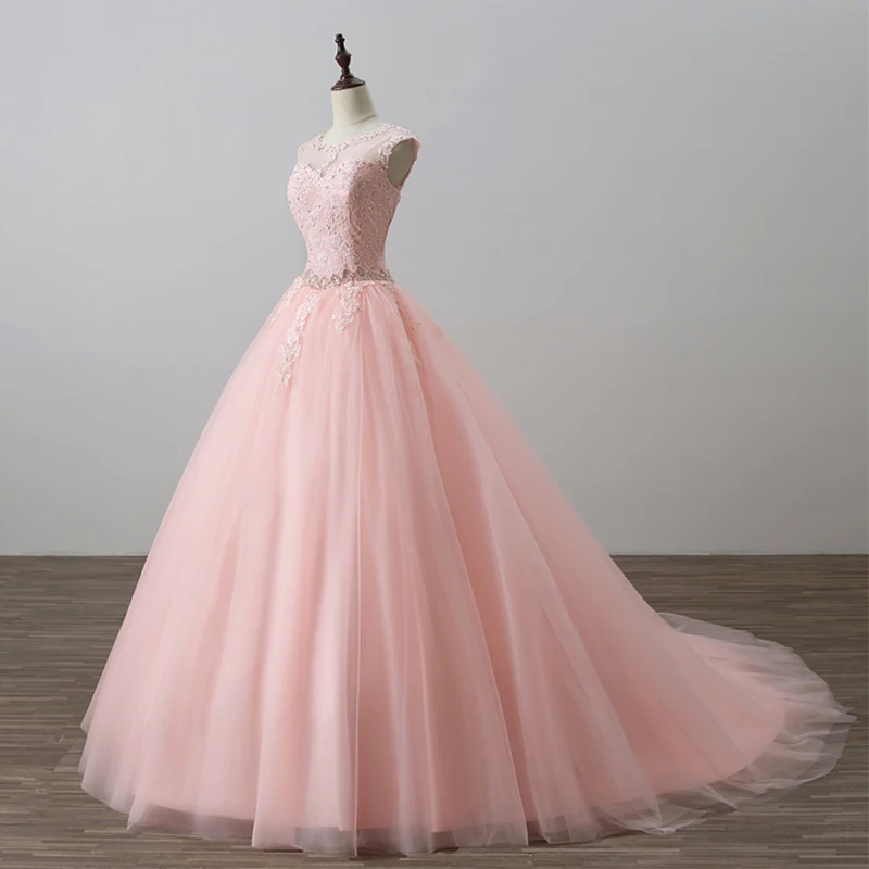 Сладкий розовый тюль бисером кружева Vestidos De 15 Anos Кристалл вечернее платье с бисером Бальные платья длинный халат De Soiree Выпускные платья