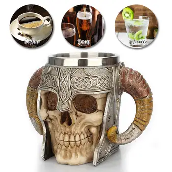 

Creative 3D Realistic Skull Mug Stainless Steel Double Handle Horn Skull Cup Beer Skull Mugs Halloween Bar Tools
