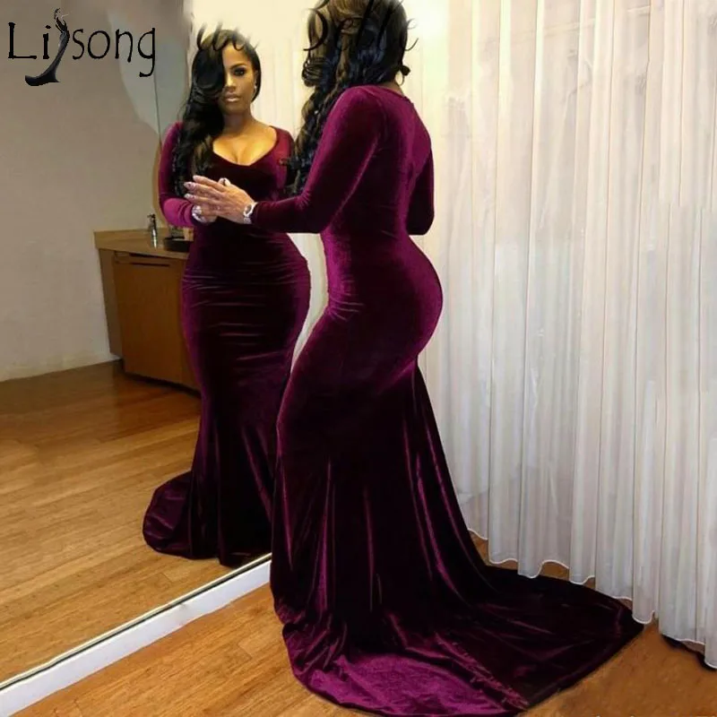Sexy Plus Size Velvet Prom Dresses for Black Girls Long Sleeves Mermaid Sexy V-neck Formal Party Dress Court Train Long Evening Gowns119