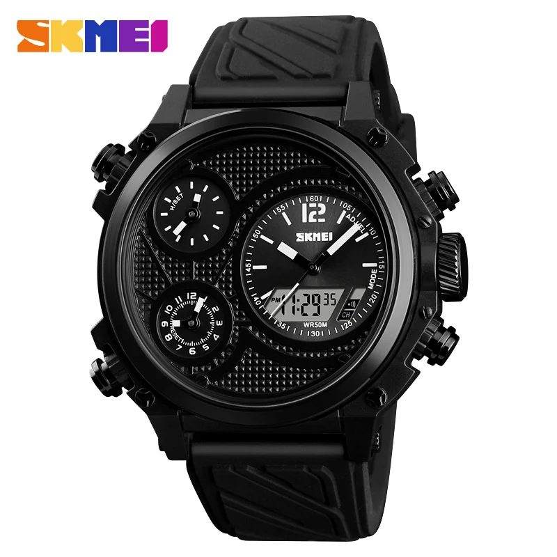 

Men Fashion Watches 5 Time Alarm Chrono EL Light Digital Analog Multi Dial 50m Waterproof Week Date Wristwatches