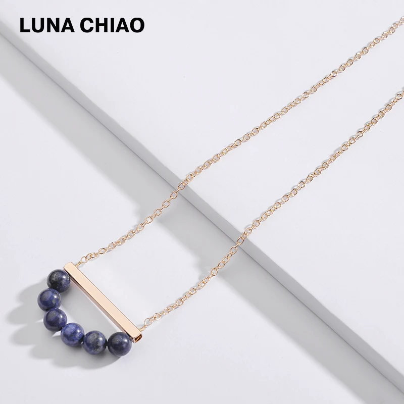 

LUNA CHIAO Fashion Fancy Natural Lapiz Picture Amazonite Labradorite Stone Beads Metal Bar Pendant Short Necklaces for Women
