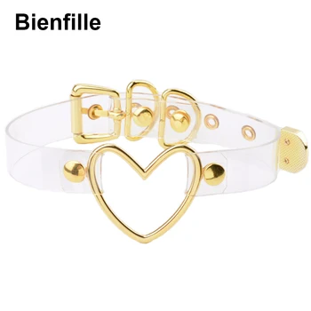 

Handcrafted 100% Kawaii Cute Love Heart Choker Transparent Vinyl Leather Collar Men Women Unisex Faux Leather Buckle Necklace