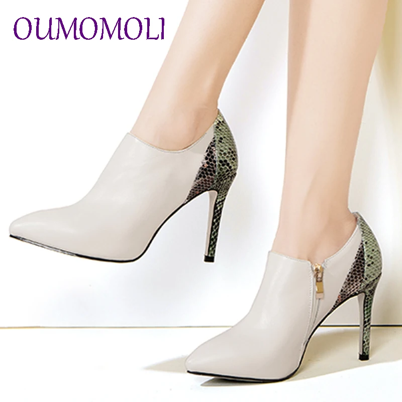 

women shoes newest mixed colors genuine leather pointed toe super high strange style zipper black and beige sexy ankle boots