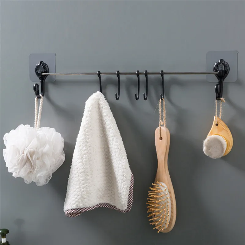 

Kitchen Utensils Rack Holder Ceiling Wall Cabinet Hanging Rod Storage Organizer Hooks On Suction Cup crochet salle de bain