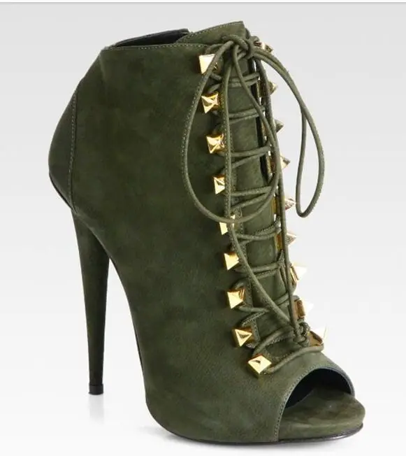 

new color army green spike heel ankle boots gold metal buckle lace up open toe short bootis unique design sequined dress heels