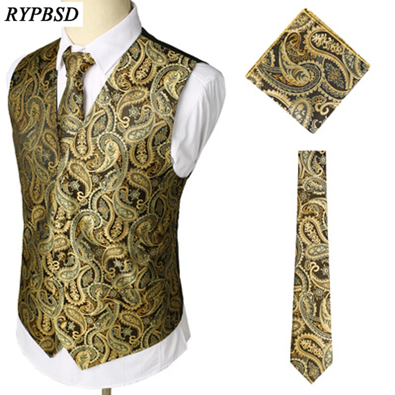 3pcs Gold Vest Mens Suit Vest Classic Paisley Jacquard Waistcoat Handkerchief Party Wedding Tie Ves