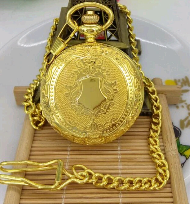 

New arrival high quality Gold silver color quartz Polish pocket watches with men's chain and clip gift