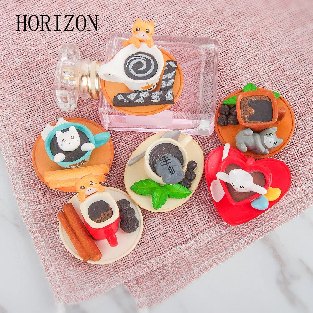 Goede 6 Stks set Kawaii Dessert Kat Koffie Kat Miniatuur Beeldje Cartoon Dier Figuur Ornament Micro Landschap Tuin Woondecoratie