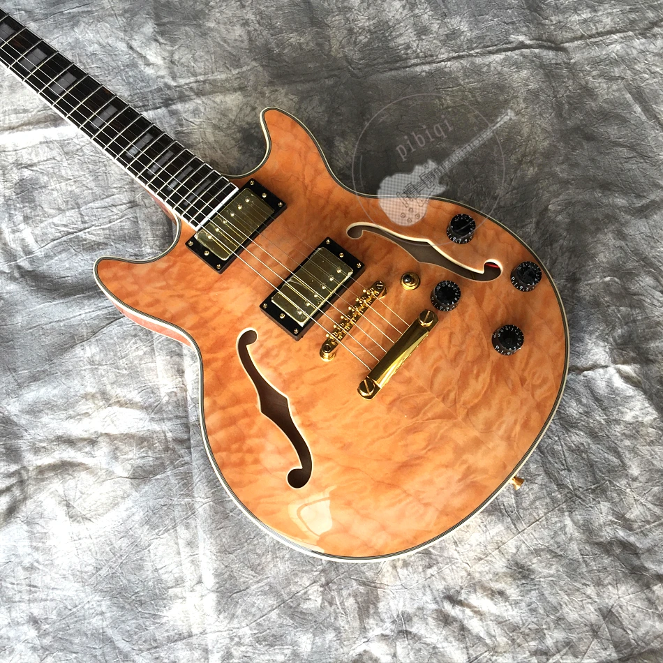 

Free delivery, new quality electric guitar, natural wood semi-hollow body, gold hardware, all colors and logo can be customized!