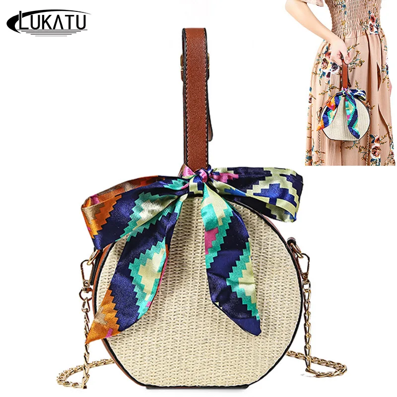 LUKATU Circle Rattan Bag Summer Round Handmade Woven Colourful Ribbon Shoulder For Women PU Leather Cross Body Bolsa | Багаж и сумки