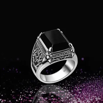 

925 Silver Black Zircon Ring For Men Female Engraved Flower Men Fashion Sterling Thai Silver Jewelry Synthetic Onyx