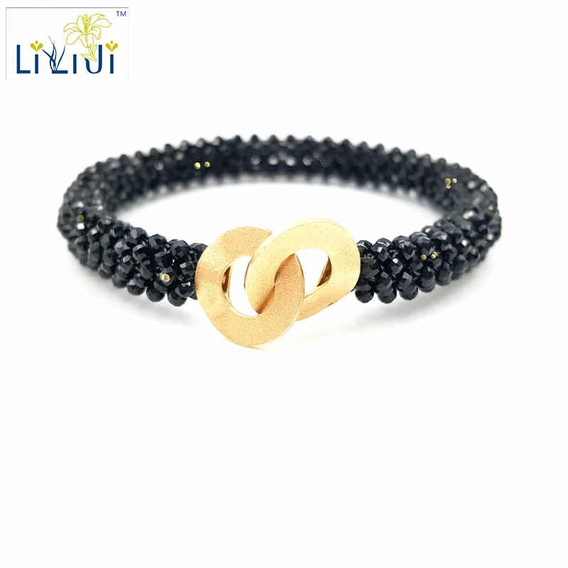

Lii Ji Jewelry Customized Natural Black Spinel 2mm Beads Handmade knitting 925 Sterling Silver Clasp Bracelet