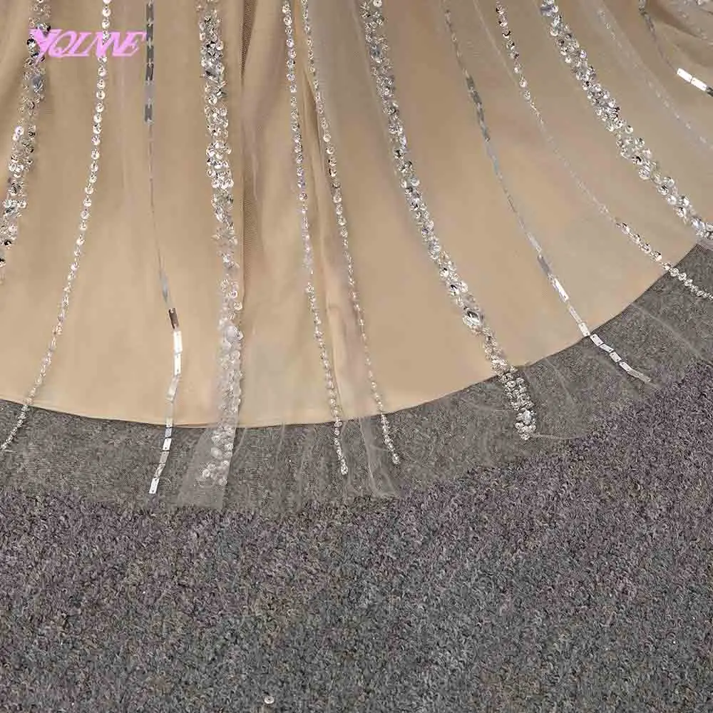 YQLNNE Champagne Crystals Evening Dress Long Pageant Dresses Mermaid Evening Gown Competition