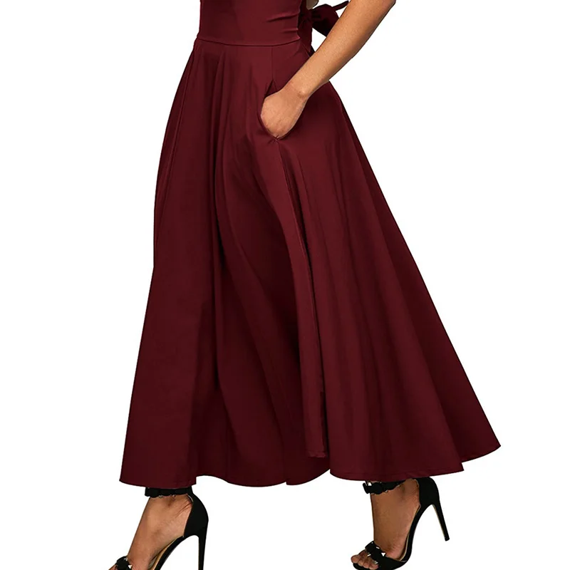 Женские длинные юбки, Женская плиссированная юбка с завышенной талией, с разрезом спереди, с поясом и бантом, макси-Юбка Faldas Mujer, винно-красный, черный, Jupe Femme