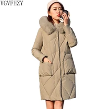 Плюс размер 90% белый пуховик женский лисий меховой воротник с капюшоном женские пуховики женский толстый теплый длинный пуховик