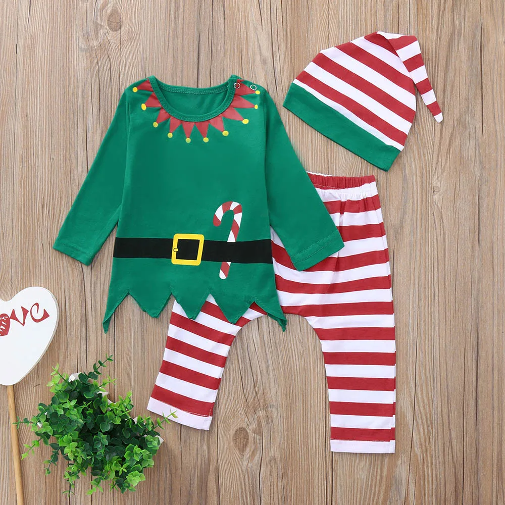 

Infant Kids Baby Christmas Outfit Sets Toddler Baby Boys Girls Print T shirt Long Sleeve Tops Striped Pants Hat Outfits Autumn
