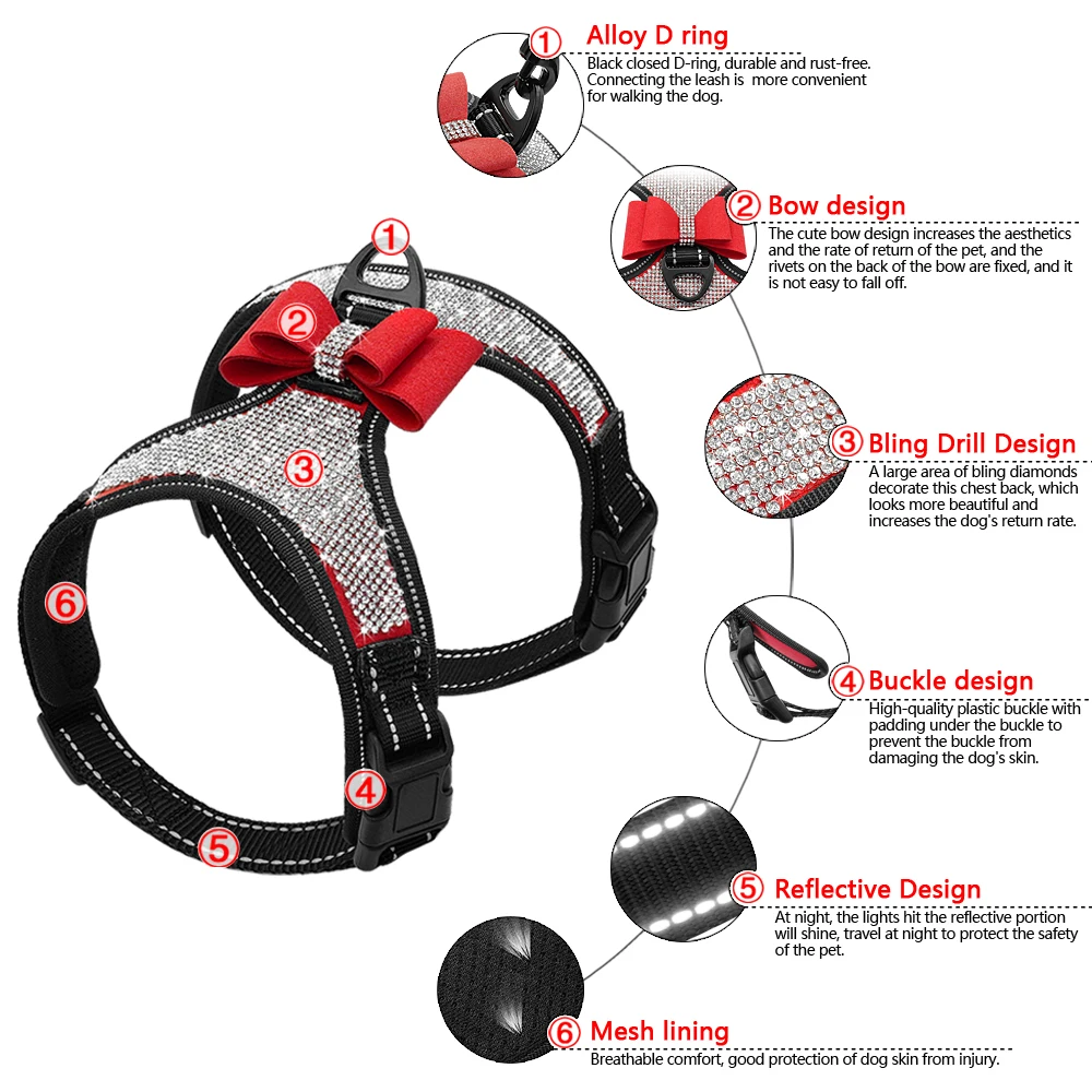 Полный горный хрусталь собаки жгут мягкая сетка Светоотражающая собачья упряжь жилет для маленьких средних собак питбуль бульдог бант в качестве аксессуара