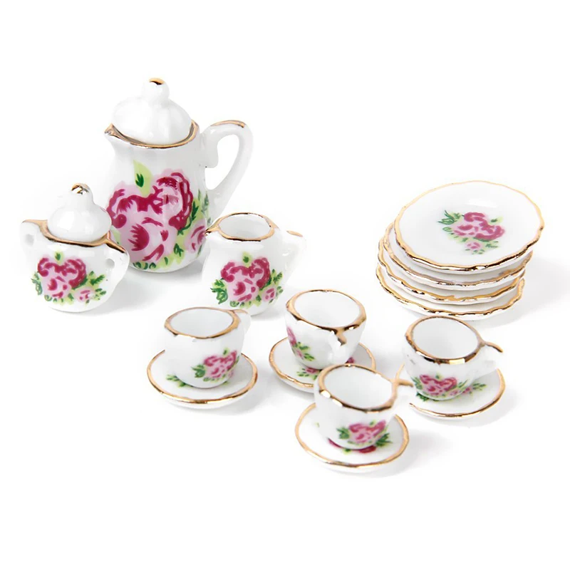 15 pieces Porcelain tea set Dollhouse miniature foods Chinese rose dishes cup