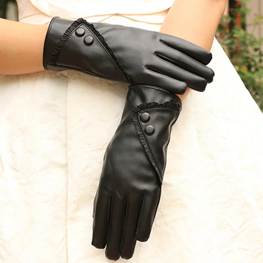 Элегантные женские кружевные теплые перчатки Европейский Стиль наручные перчатки женские зимние тачскрин PU кожаные перчатки варежки Guantes