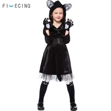 Платье черного цвета с кошкой для девочек; карнавальный костюм с животными на Хэллоуин; Детские праздничные вечерние костюмы; Забавный Милый карнавальный маскарадный костюм кигурумис