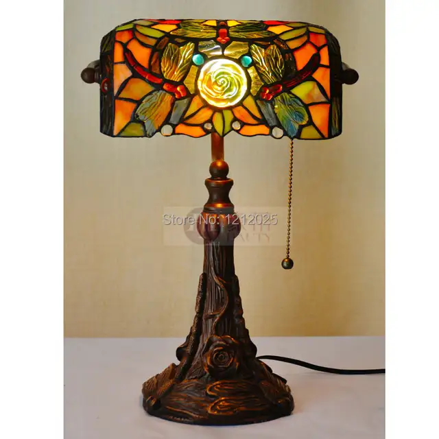 Antique Dragonfly Tiffany Style Bankers Lamp Reading Bedside Table
