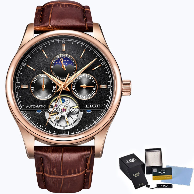 LIGE модные роскошные брендовые кожаные часы с турбийоном Автоматические Мужские часы Мужские механические стальные часы мужские часы+ коробка