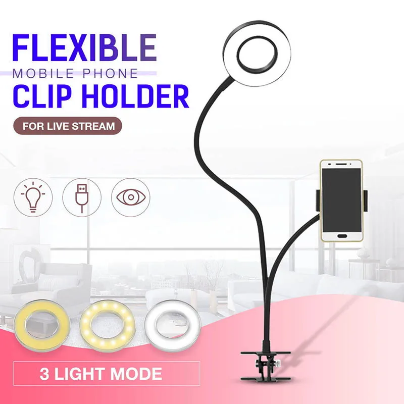 

Selfie Ring Light Phone Holder Stand for Live Stream Makeup Bracket Clamp Clip On Desk LED Lamp CLH@8