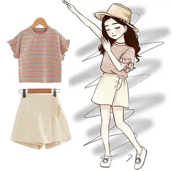 

New Summer Fashion Kids Cotton Sets Teenage Girls Striped Tops+Solid Short Culottes Tracksuits Baby Girl Clothes 2Pcs Suits T31