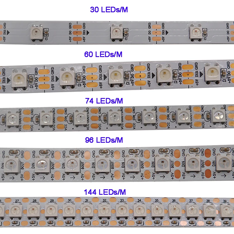 WS2812B 1 m/3m/5 m 30/60/74/96/100/144 пикселей/светодиодов/m Smart led пикселей полосы, WS2812 IC; WS2812B/м, IP30/IP65/IP67, черный/белый PCB, DC5V