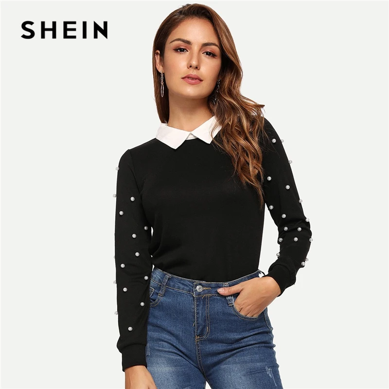 SHEIN Black Elegant Solid Pearls Beaded Stand Collar Long Sleeve Tee ...