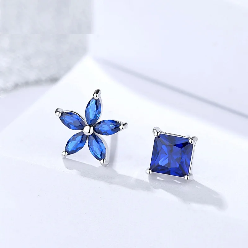 

S925 Silver Ear Nail Woman Asymmetric Blue Crystal Earrings Korean Personality Jewelry Temperament Student Flower Earrings