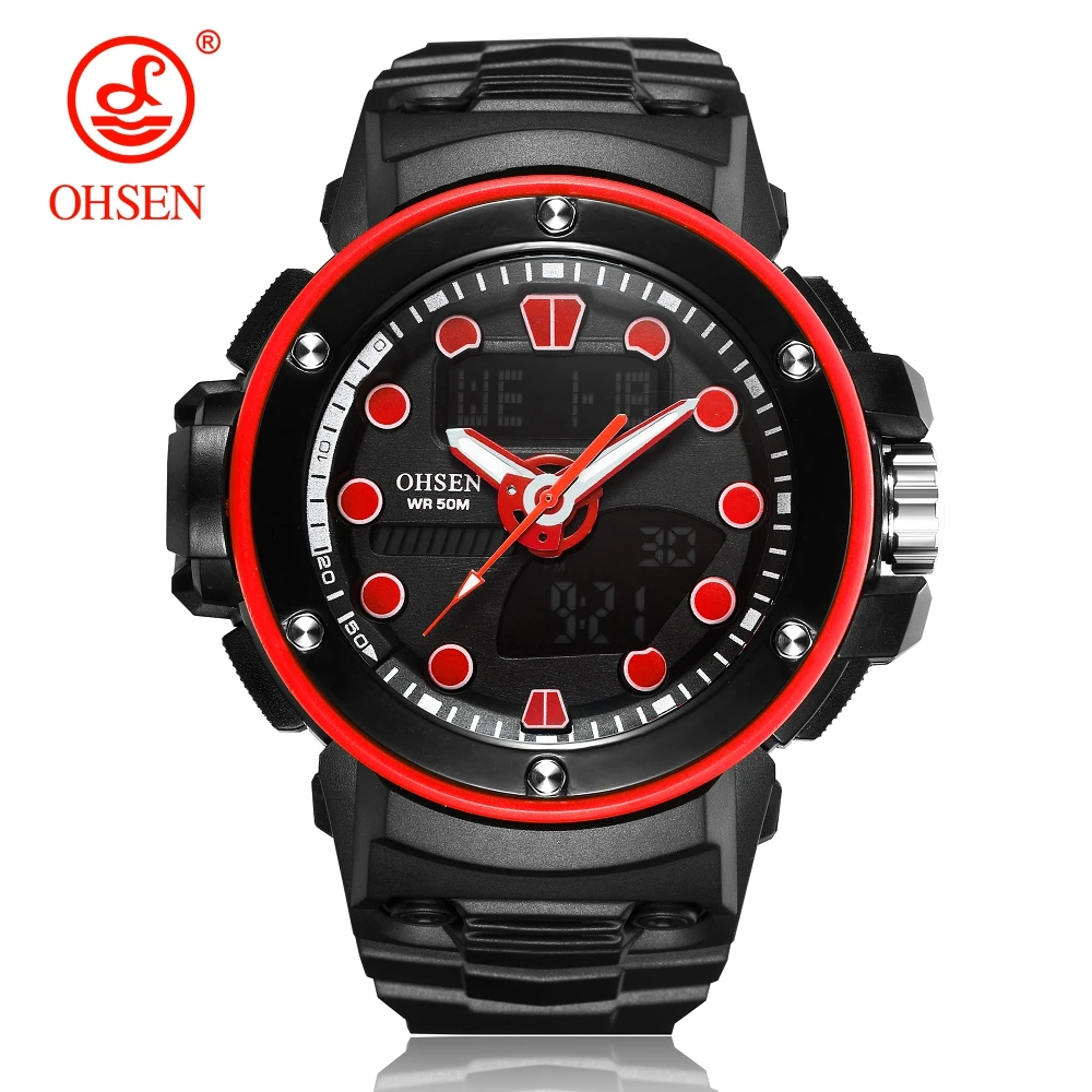 

NEW Original OHSEN Fashion Quartz Digital Watch Men LED Alarm Swim Sports Watch Men Rubber Strap Red Wristwatch Hombre Relogios