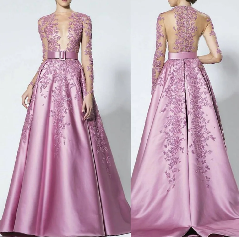fashion pink evening dresses 2017 long sleeves appliques lace beaded a