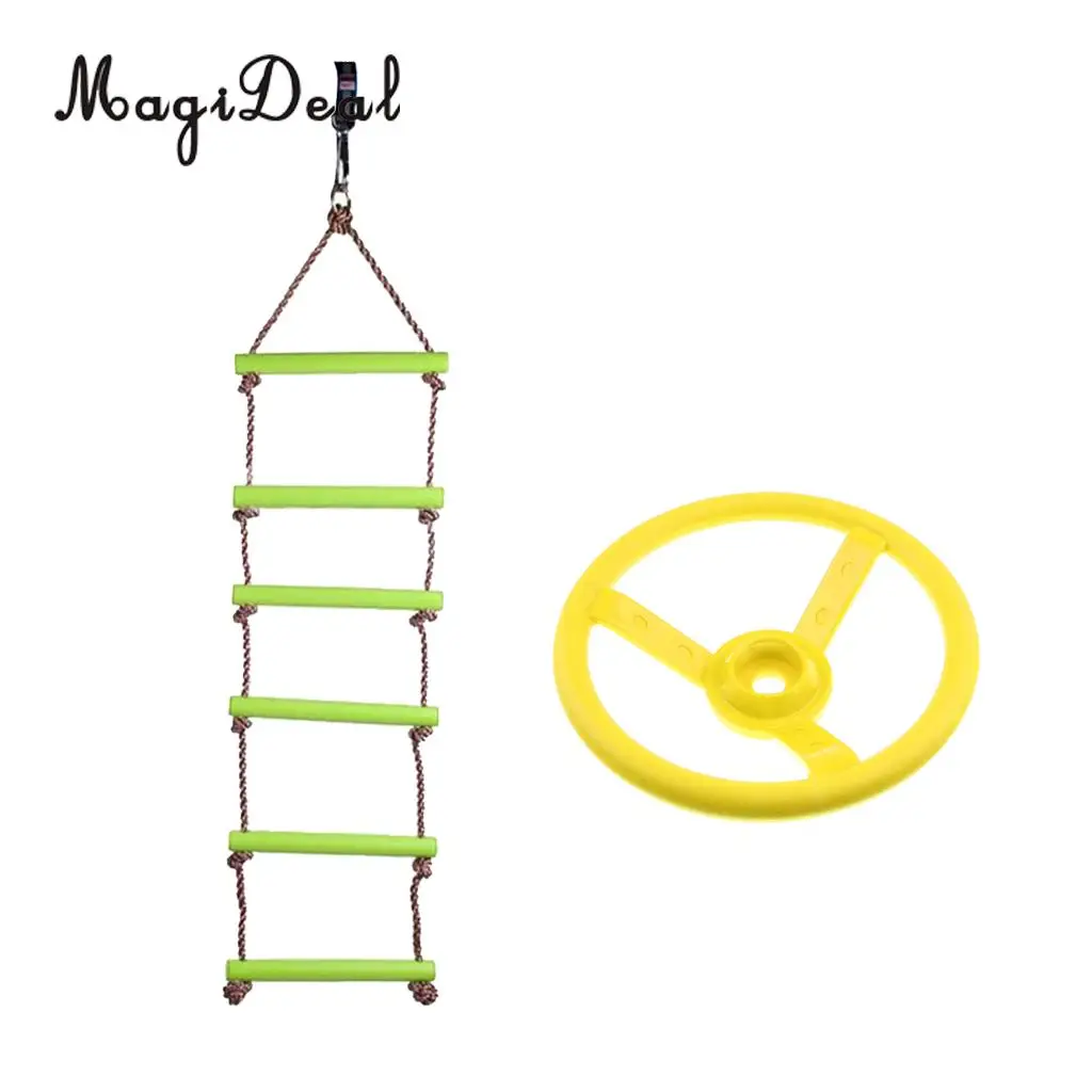 Kids Playhouse 6 Rungs Rope Climbing Ladder +Steering Wheel Toy Swing  Outdoor Sports Gym Fitness Toy