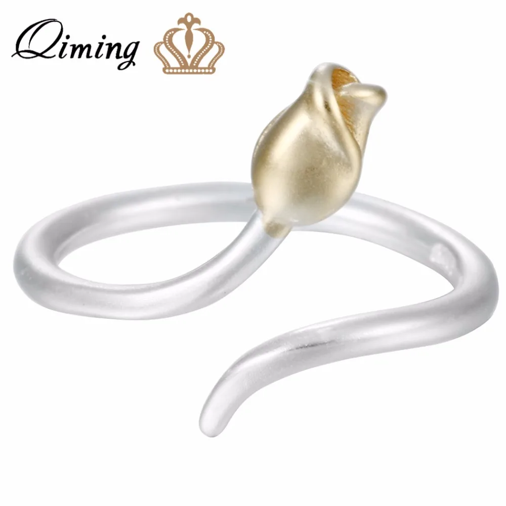 QIMING 2018 بسيط تصميم الفضة روز زهرة خاتم براعم الذهب لهجة مات قابل للتعديل ميدي حلقة حجم 925 مجوهرات QIMING 2018 بسيط تصميم الفضة روز زهرة خاتم براعم الذهب لهجة مات قابل للتعديل ميدي حلقة حجم 925 مجوهرات
