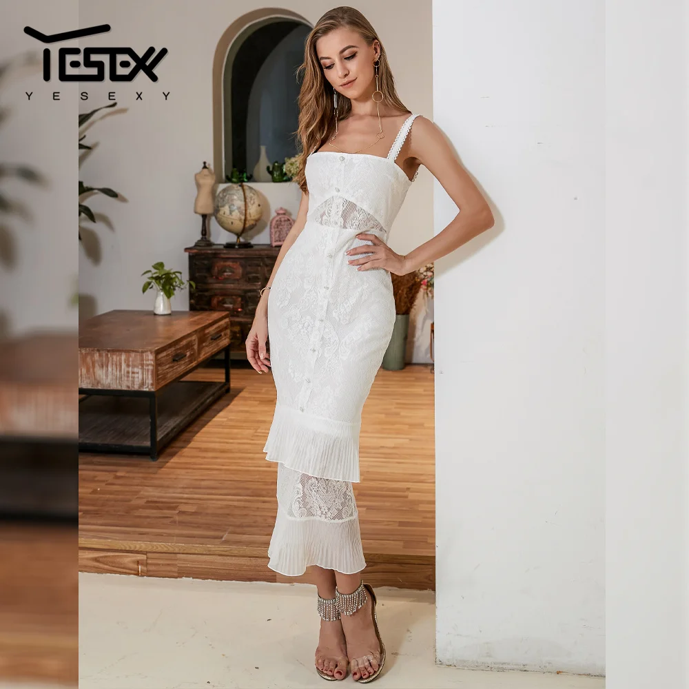 

Yesexy 2019 Summer Solid Color Sleeveless Lace White Dresses Elegant Ruffles Backless Middle Calf Women Dresses VR0001