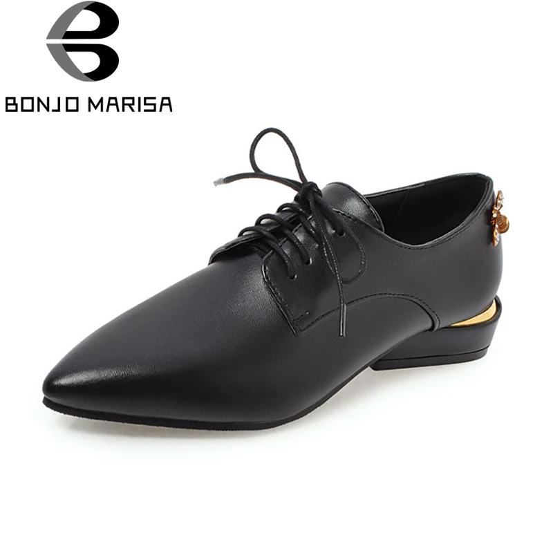 online BONJOMARISA das Mulheres Saltos Baixos Apontou Toe Lace Up Casual Dress Primavera Outono Sapatos Oxfords Mulher Big Size 34 43