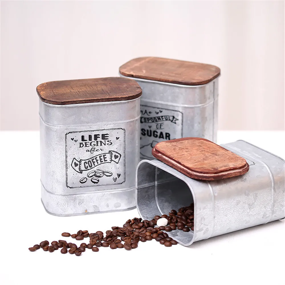

Retro Nostalgic Iron Box Wooden Cover Tea Coffee Sugar Storage Jars Vintage Candy Sundries Storage Can