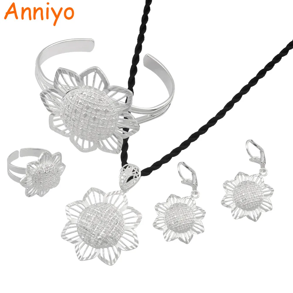 Anniyo Ethiopian set Silver Color Pendant Rope Earrings Ring Bangle Flower Jewelry Wedding African #200106 | Украшения и